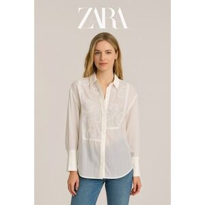 NEW Zara White Paisley Embroidered‎ Sheer Lingerie Long Sleeve Blouse Top S